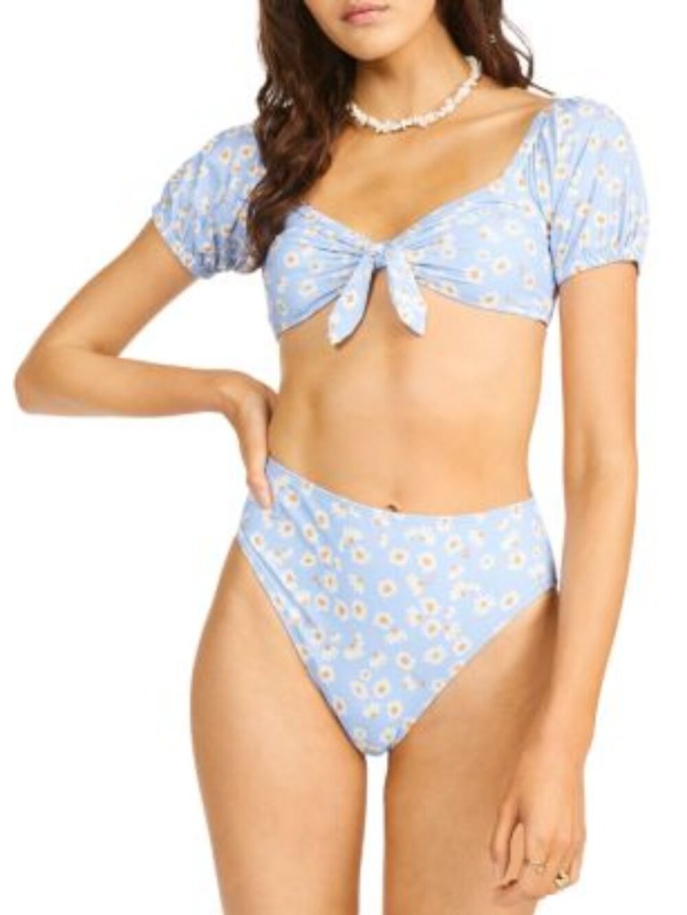 Billabong Don't Be Blue Daisy Print Floral Puff Sleeve Bikini
